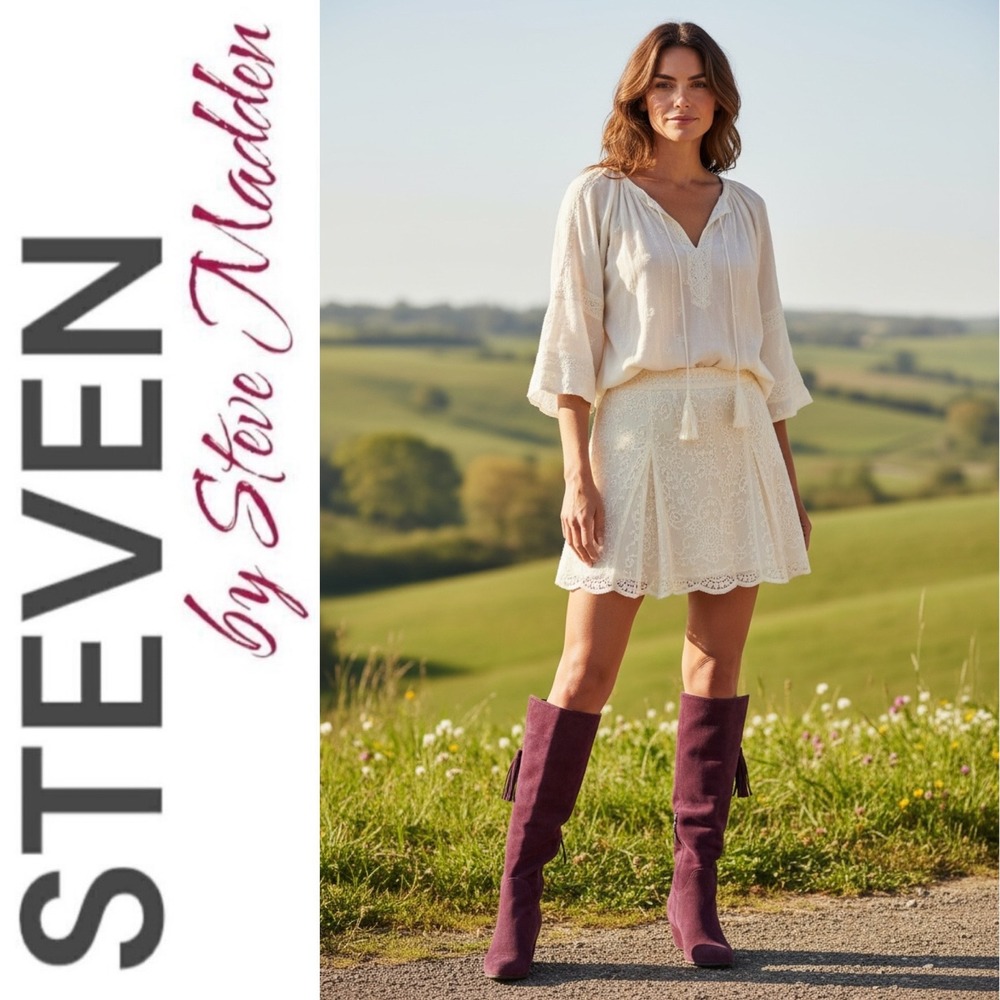 Steven by Steve Madden Larken Burgundy Wine Suede Tall Wedge Boots Boho 7